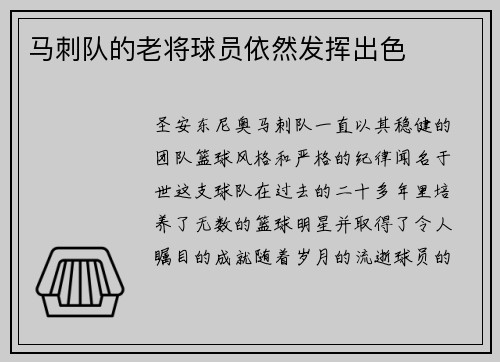 马刺队的老将球员依然发挥出色